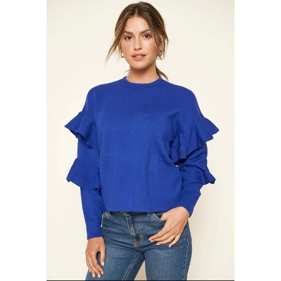 Sugar + Lips Royal Blue Flounce Ruffle Sleeve Stretch Knit Sweater Size Small - Picture 1 of 7